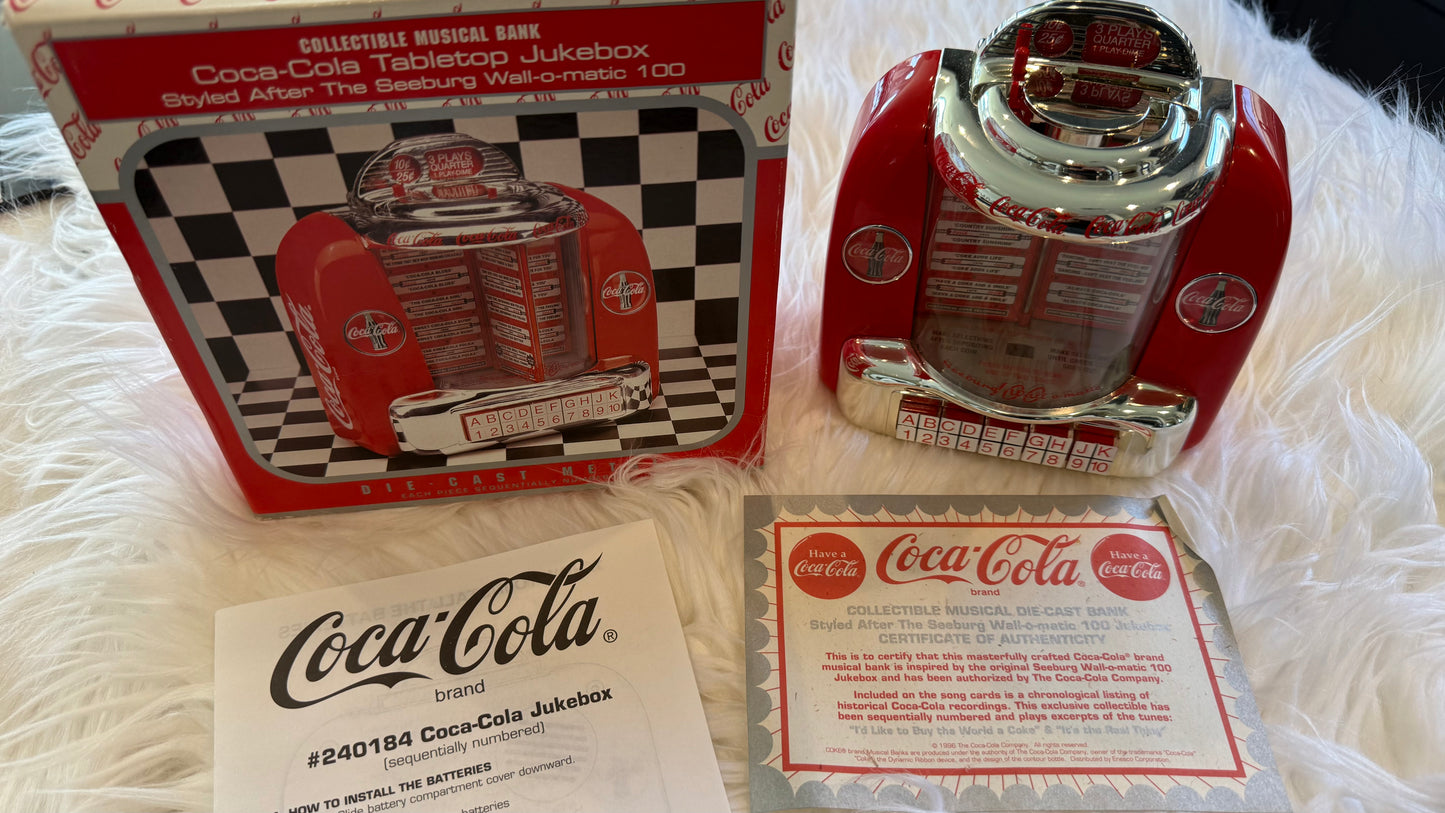 Used Vintage Coca-Cola Tabletop Jukebox – Die-Cast Metal Musical Coin Bank – Original Box