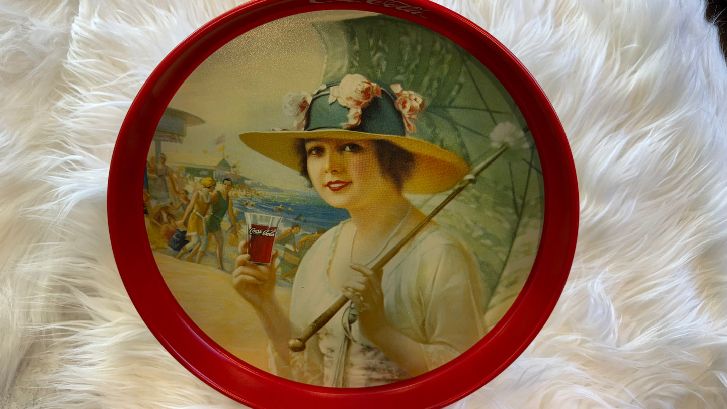 Used Vintage 1987 Coca-Cola “Girls at the Seashore” 1918 Calendar Art Reproduction Metal Tray