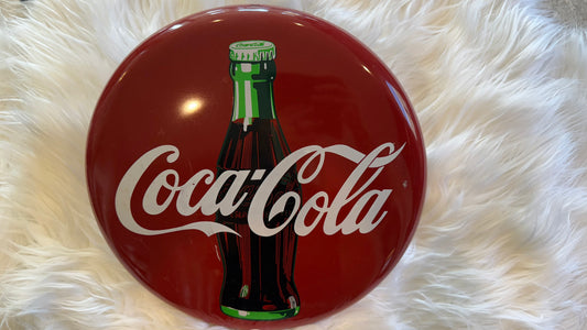 Used Vintage 1990 Coca-Cola 12” Round Tacker-Type Metal Advertising Sign – Coke Bottle